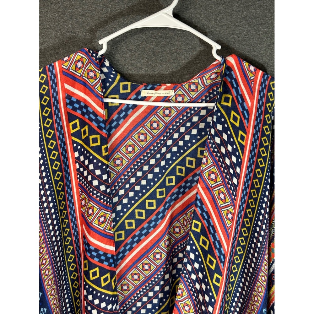 Do Everything in Love Kimono Wrap Geometric Tribal Print Navy Red One Size OS - Picture 2 of 5